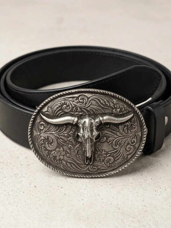 Longhorn Skull Genuine Leather Western Biker Belt Antique Silver Engraved Buckle - Picture 2 of 3